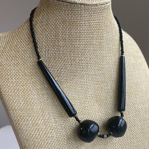 Unique Chunky Black Beaded Necklace with Screw Closure - Picture 3 of 5